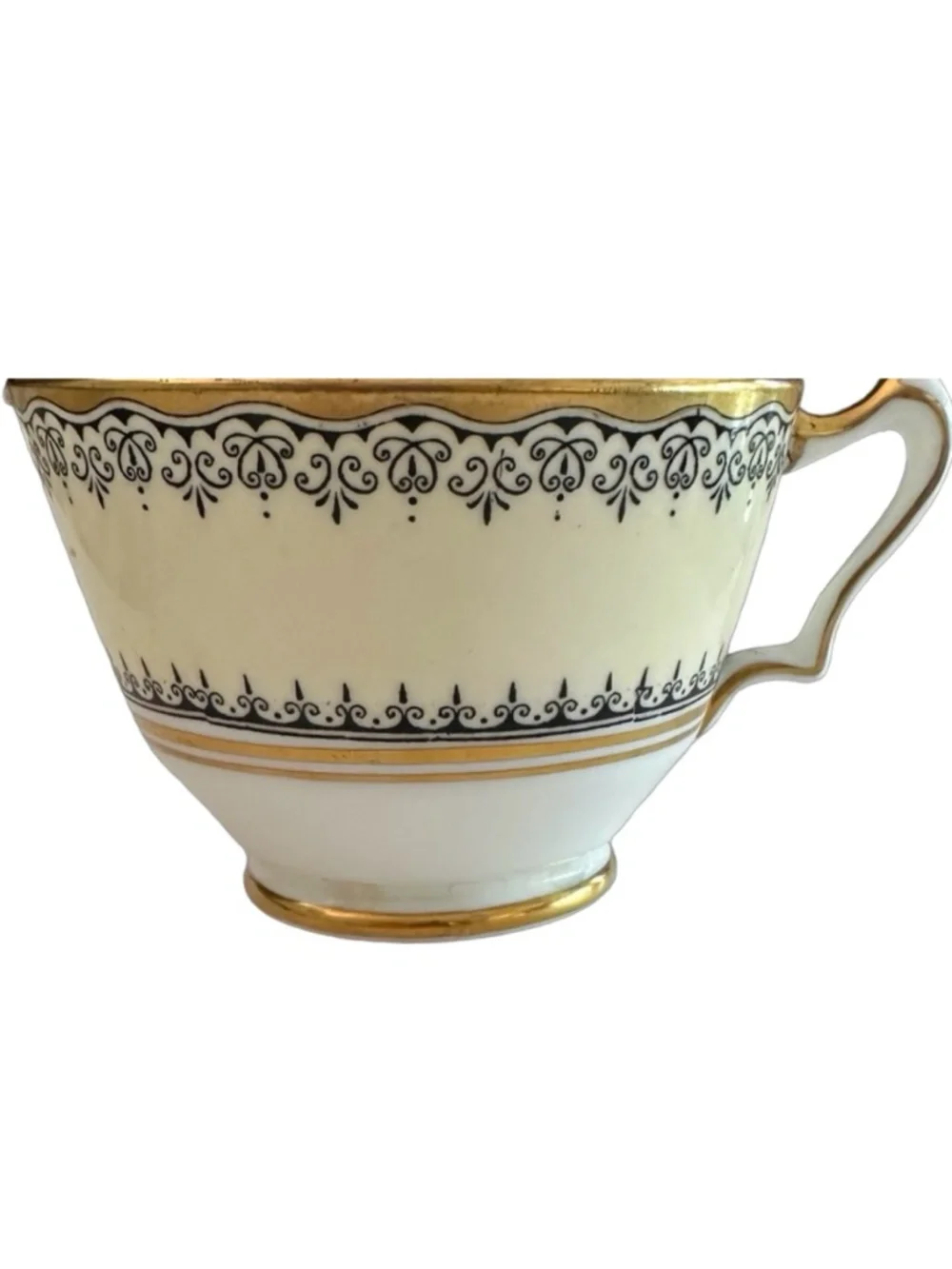 CROWN STAFFORDSHIRE Fine Bone China Teacup Black Gold Gilt Pattern